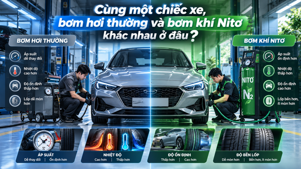 Cùng một chiếc xe, bơm hơi thường và bơm khí Nitơ khác nhau ở đâu?