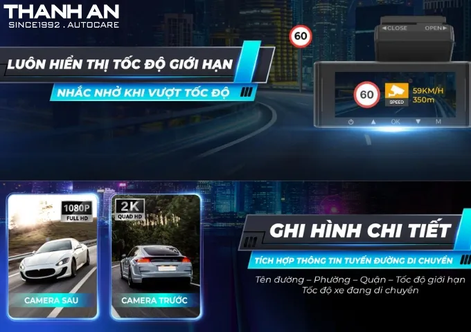 Camera hành trình Vietmap Speedmap M1 luôn hiển thị tốc độ giới hạn tích hợp thông tin tuyến đường di chuyển