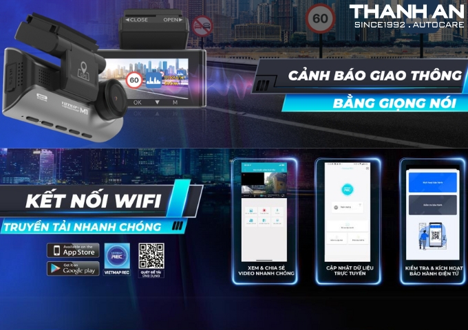 Camera hành trình Vietmap Speedmap M1 cảnh báo giao thông bằng giọng nói kết nối wifi truyền tải nhanh chóng