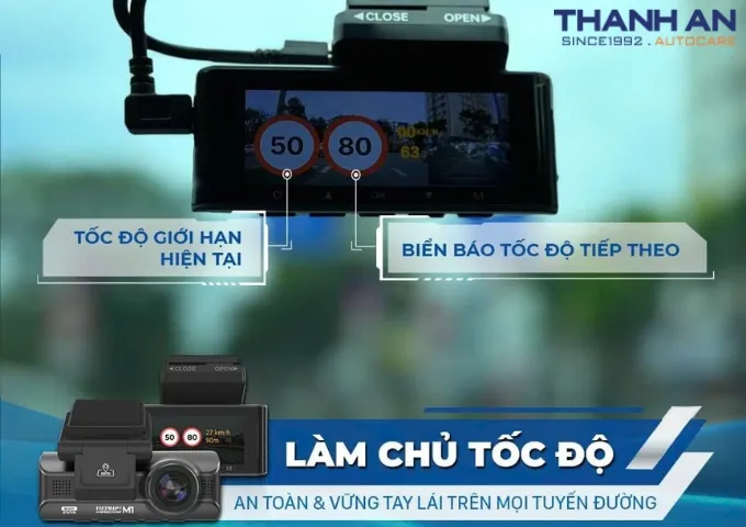 Vietmap M1 hiển thị giới hạn tốc độ hiện tại và biển báo tốc độ tiếp theo