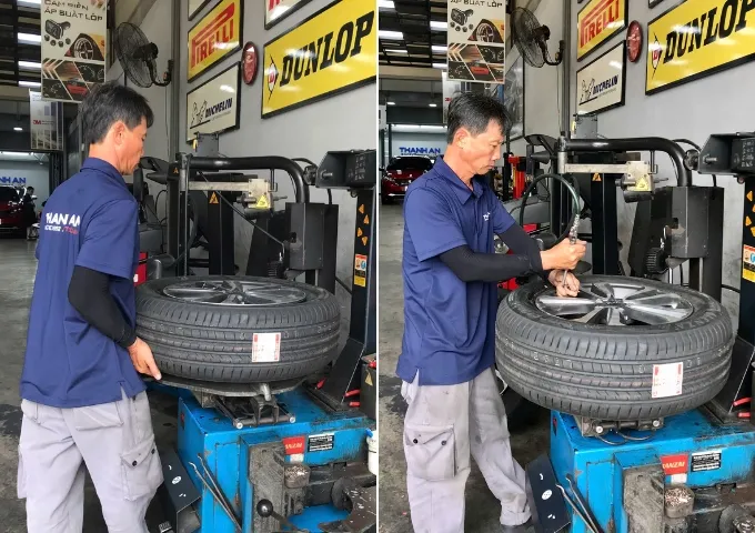 Kỹ thuật viên thay lốp Bridgestone 235/60R18 Alenza 001 Nhật cho xe Kia Sedona