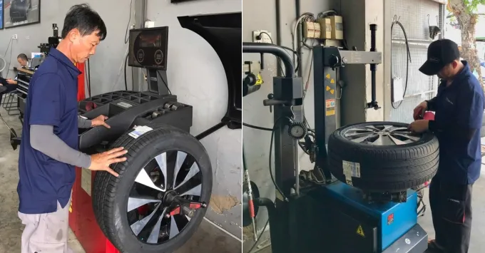 Kỹ thuật viên thay lốp và cân mâm dán chì cho lốp Michelin 225/55R17 Primacy 4 trước khi lắp cho xe Mercedes V250 quận 7