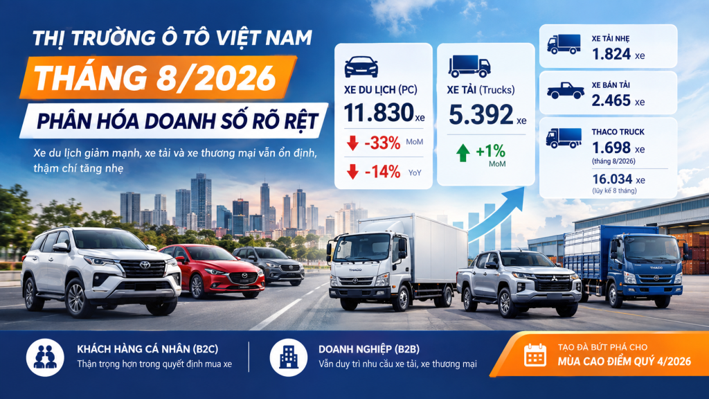 Thị Trường Ô Tô Việt Nam Tháng 8/2026: Xe Du Lịch Giảm 33%, Xe Tải Tăng Nhẹ