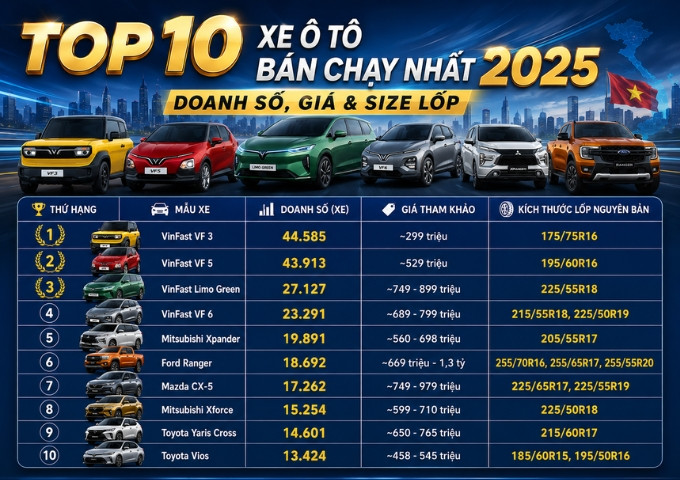 Top 10 Xe Ô Tô Bán Chạy Nhất 2025 Tại Việt Nam